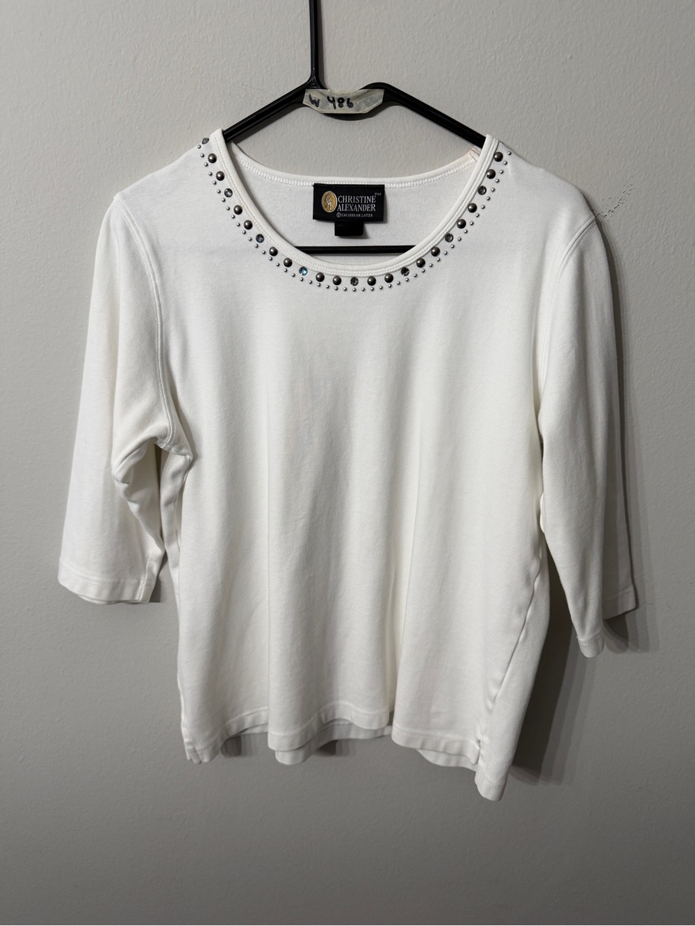 Women’s Christine Alexander White Embellished 3/4 Sleeve Knit Top Large